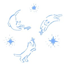 three drawings of cats and dogs in the sky with stars around them, one cat is holding a mouse