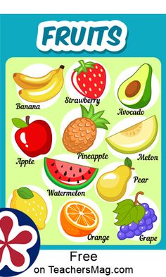 a poster with fruits on it in front of a blue and white sign that says, fruit