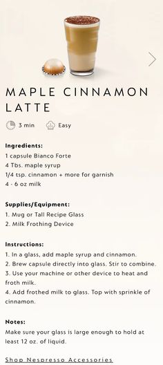 the recipe for maple cinnamon latte is shown in this graphic above it's description