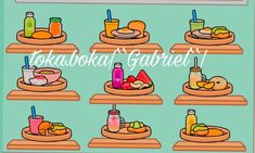 there are many plates with different foods on them and the words tokaba gabrid