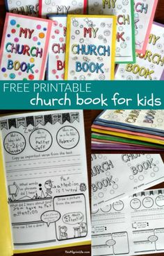 the free printable church book for kids is shown with pictures and text on it