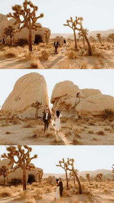 two pictures of people walking in the desert