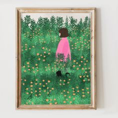 a painting of a woman in a pink dress walking through a field of grass and flowers