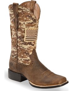 Ariat Women's Round Up Patriot Western Performance Boots - Broad Square Toe, Brown Cowgirl Truck, Cowgirl Boots Square Toe, Cowgirl Boots Square Toed, Cute Cowgirl Boots, Camo Boots, Country Shoes, Western Shoes, Boots Ideas, Wedding Boots