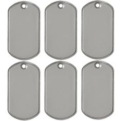 six silver dog tags are shown on a white background, with one tag attached to the bottom