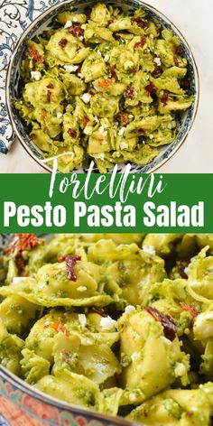 A bowl of Tortellini Pesto Pasta Salad on top and a bottom photo of a close up of the pasta. Cheese Tortellini Pesto Pasta Salad, Recipe For Tortellini Salad, Pesto Broccoli Salad, Smoked Pasta Salad, Cold Tortellini Pasta Salad Pesto, Pesto Pasta Salad Vegetarian, Cold Pasta Appetizer, Kale Tortellini Salad, Tortilla Pasta Salad