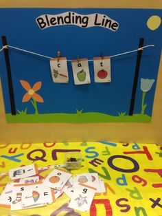 a bed topped with lots of cards next to a blue sign that says blending line