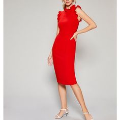 Maggy London Charlene, Tomato Red. 95% Polyester 5% Spandex. Center Back Neck To Hem 42 1.4 Inches. Fully Lined, Ruffle Neckline, No Pockets, Sleeveless, Center Back Invisible Zipper. Size 12. Purchased For Event And Didn't End Up Wearing. Sold New For $118. Https://Www.Dillards.Com/P/Maggy-London-Ruffle-Mock-Neck-Midi-Length-Sheath-Dress/509288264 Red Midi-length Elastane Dress, Red Midi Length Elastane Dress, Chic Red Elastane Midi Dress, Elegant Red Elastane Dress, Red Knee-length Elastane Dress, Red Ruffled Sheath Dress, Elegant Red Elastane Bodycon Dress, Red Sheath Dress With Ruffles, Elegant Red Bodycon Dress With Elastane