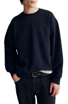 Inspired by vintage styles of the early '90s, this sweatshirt is made from supersoft brushed terry fleece with dropped shoulders and a slightly tapered waist. It's garment-dyed, meaning it gets its color at the fiber stage for a mellow, heathered effect. Crewneck 85% cotton, 15% polyester Machine wash, tumble dry Imported Washed Black Hoodie With Ribbed Cuffs And Crew Neck, Washed Black Sweatshirt With Ribbed Cuffs For Winter, Winter Washed Black Sweatshirt With Ribbed Cuffs, Washed Black Relaxed Fit Sweater For Fall, Casual Washed Black Sweater With Ribbed Cuffs, Sporty Washed Black Sweatshirt With Ribbed Cuffs, Basic Soft-washed Sweatshirt For Streetwear, Washed Black Crew Neck Sweater With Ribbed Cuffs, Washed Black Relaxed Fit Long Sleeve Sweatshirt