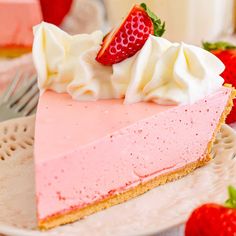 a slice of strawberry cream pie on a plate