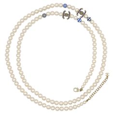 CHANEL faux white pearl necklace featuring four pearls and two pale textured gold toned CC logo embellished with blue stripes. CHANEL 2019 Resort Collection (La Pausa). Adjustable lobster clasp closure. Extension chain. Laser mark A19 C Made in France. Engraved private sale "S" mark on the clasp. Indicative measurements : adjustable wearable length from approx. 108 cm (42.52 inches) to approx. 112 cm (44.09 inches) / CC logos approx. 1.8 cm x 1.4 cm (0.71 inch x 0.55 inch). Comes with the origin Chanel 2019, Chanel Box, Laser Marking, White Pearl Necklace, Chanel Jewelry, Bratz Doll, Resort Collection, Cc Logo, Gold Texture