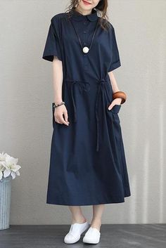 Fabric: Fabric has no stretchSeason: SummerType: DressSleeve Length: Short sleeveColor: Blue .KhakiDressesLength: MaxiStyle: CasualMaterial: Cotton and AcrylicSilhouette: LooseOne Size(Fit S/M/L): Length:118 cm .Bust:133 cm .Shoulder Wide:46 cm .Sleeve Length:23 cm Casual Half Sleeve Solid Color Dress, Casual Cotton Midi Dress Solid Color, Casual Solid Color Cotton Midi Dress, Casual Cotton Midi Dress In Solid Color, Navy Casual Dress With Pockets, Navy Cotton Midi Dress For Spring, Casual Solid Color Midi Dress With Half Sleeves, Casual Half Sleeve Midi Dress In Color, Casual Half Sleeve Midi Dress