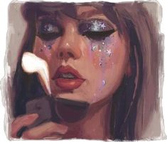 a painting of a woman with stars on her face holding a cell phone to her ear