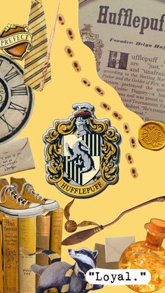 collage of harry potter items including shoes, hogwart's crest and books