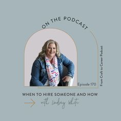 a woman sitting in front of a gray background with the words on the podcast