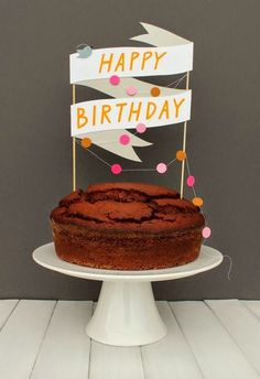 a cake on a plate with a happy birthday sign