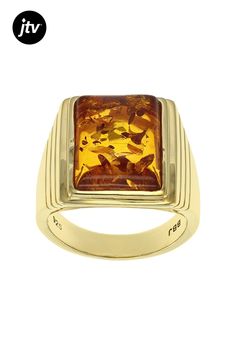 16x12mm rectangular Amber solitaire, 18k yellow gold over sterling silver gent's ring. Measures approximately .56"L x .75"W. Finished under gallery. Web only. Classic Square Rings With Polished Finish, Formal Square Rings With Polished Finish, Luxury Yellow Rectangular Ring, Luxury Yellow Rectangular Rings, Square Classic Signet Ring For Formal Occasions, Classic Square Signet Ring For Formal Occasions, Formal Classic Square Signet Ring, Classic Signet Ring With Rectangular Gemstone, Gold Ring With Rectangular Stone