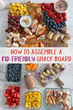 a kid friendly snack board with fruit, crackers, and other snacks on it