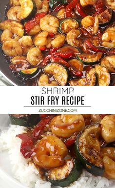 shrimp stir fry with rice and peppers on the side