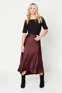 Petite Plain Satin Bias Midi Skirt Brown Slip Skirt Plus, Satin Dress With Cardigan Midi, Brown Midi Silk Skirt, Navy Satin Slip Skirt, Dark Satin Skirt, Petite Satin Midi Skirt, Wine Outfit, Embroidered Flats, Sequined Top