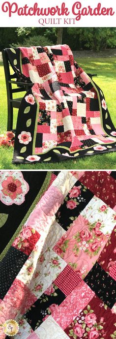 the patchwork garden quilt kit is on display in front of a park bench with pink flowers