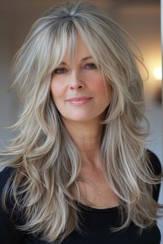 Heavy Front Layers Long Hair, Long Fine Hair With Side Bangs, 2024 Long Hair Cuts For Women, Long Layered Fine Hair, Long Hair With Bangs 2024, Long Hair Styles With Layers For Over 50, Bangs For Older Women With Long Hair, Long Hair For Older Women, Long Hair Cuts With Bangs