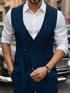 Vest Coat For Men, Suit Vest Outfits, Mens Vest Fashion, Mens Business Casual Outfits, Navy Vest