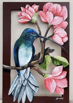 a painting of a bird perched on a branch with pink flowers