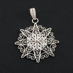 Sun Silver Filigree Pendant by BongeraFiligrana on Etsy Spiritual Filigree Flower Pendant Necklace, White Spiritual Sterling Silver Necklace, Ornate White Gold Pendant Necklace, Spiritual White Sterling Silver Necklace, White Gold Pendant Jewelry With Intricate Design, Unique White Gold Nickel-free Necklace, Artisan Sterling Silver Necklace With Intricate Design, Artisan Silver-plated Wire Jewelry, Handmade Silver-plated Wire Necklaces