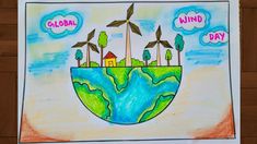 a drawing of the earth with windmills and trees on it that says global wind day