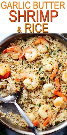 garlic butter shrimp and rice in a skillet