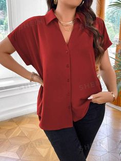 Style:Casual \nSleeve Type:Batwing Sleeve \nHem Shaped:Asymmetrical \nDetails:Button \nNeckline:Collar \nType:Shirt \nType:Top \nColor:Red \nPattern Type:Plain \nSleeve Length:Short Sleeve \nLength:Regular \nFit Type:Regular Fit \nFabric:Non-Stretch \nMaterial:Woven Fabric \nComposition:100% Polyester \nCare Instructions:Machine wash or professional dry clean \nSheer:No \n Batwing Sleeve Shirt, Clothing Size Chart, Womens Clothing Sizes, Plus Size Blouses, Batwing Sleeve, E Design, Shirt Sleeves, Woven Fabric, Fitness Fashion