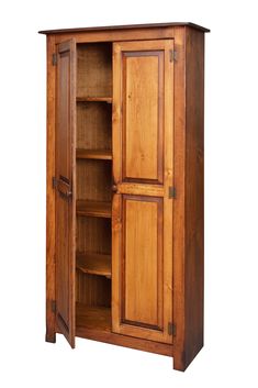 a wooden cabinet with two doors and shelves