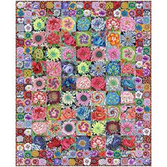 a colorful patchwork quilt with many different colors and designs on the front, including flowers