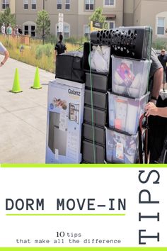 there are many boxes stacked on top of each other with the words dorm move - in next to them