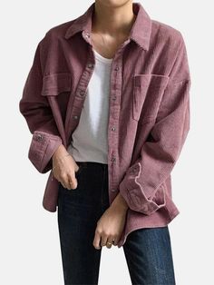 Women Corduroy Solid Long Sleeve Casual Lapel Coat With Front Pockets - Trendha Tweed Vest, Teddy Boys, Rose Shirts, Womens Denim, Looks Street Style, Vintage Diy, Moda Vintage, Winter Jackets Women, Pink Outfits