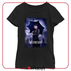 in stock Nevermore Academy, Holding An Umbrella, Character Poster, Pouring Rain, Girls Graphic Tee, Graphic Tee Design, Classic Series, Addams Family, Wednesday Addams