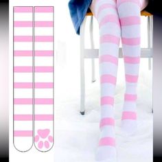 Striped Pink And White Cat Print Bottom Socks Nwt One Size Cute White Stockings For Winter, Cute White Winter Stockings, Cute White Stretch Socks, Cute Stretch White Socks, Cute White Stretch Knee-high Socks, Cute Stretch White Knee-high Socks, Cute Fitted White Hosiery, Cute White Stretch Hosiery, Cute Stretch White Hosiery