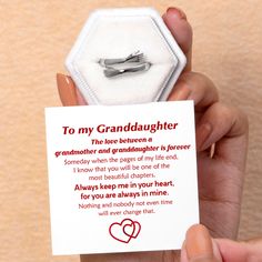 PROMOTION FOR ALL ITEMS 10% off on two or more items purchased Free shipping over $50 Design Interpretation With an inspiring gift card message and beautiful design, this ring is a perfect gift for your granddaughter. It expresses the deep connection and love between a grandmother and granddaughter. Gift your daughter this ring and encourage her with the gift card message. Remind her that she is the best chapter of your life, and nothing will ever change that. Card Content To My Granddaughter The love between a grandmother and granddaughter is forever Someday when the pages of my life end, I know that you will be one of the most beautiful chapters. Always keep me in your heart, for you are always in mine. Nothing and nobody not even time will ever change that. Products Details This package Meaningful Rings For Valentine's Day Gift, Mother's Day Birthstone Rings For Anniversary Gift, Anniversary Gift Rings With Birthstone For Mother's Day, Customizable Rings For Mother's Day Gift, Adjustable Ring For Anniversary Gift On Mother's Day, Birthstone Rings For Anniversary Gift On Mother's Day, Personalized Ring For Valentine's Day Gift, Personalized Rings For Valentine's Day Gift, Customizable Meaningful Rings For Gifts