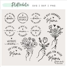 hand drawn flowers and words on a white background