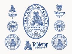 the table top society logo is shown in several different styles and colors, including blue