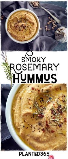 two bowls filled with hummus and topped with rosemary sprinkles on top