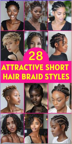 Discover 28 captivating short hair braid styles that add a twist to your usual look. Perfect for any occasion, these braids offer both charm and creativity. Braiding Short Curly Hair, Short Plaits Hairstyles For Black Women, Cornrow Short Hairstyles, Hairstyles For Braids Ideas, Very Short Braids, Short Twist Hairstyles For Black Women, Short Hair Braids For Women, Short Braided Hair, Short Hair Braid Styles