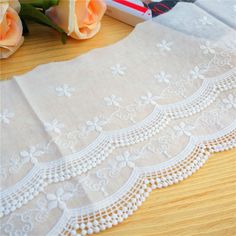 "off white double layers scalloped cotton lace trim, it's perfect for baby clothes, sleeve edge, skirt edge, corsage and so on This listing is for 2 yards. Width:about 5.9\"(15 cm) Color: off white Note: the longest length is 10 yards This beautiful lace trim, high quality and beautiful pattern, perfect for wedding, bridal dress, wedding veil, baby tutu dress, jewelry design, doll clothes, suit decoration, summer dress decoration, clothing sleeve decoration, cake, dolls, hang adorn, bra decorati Cotton Lace Trim Wedding Dress, Cotton Lace Design On Suits, Scalloped Cotton Lace For Wedding, Lace Design On Suits, White Lace Trim Tulle, Baby Tutu Dress, Fitted White Embroidered Fabric With Lace Trim, Delicate White Lace With Lace Trim, Baby Tutu Dresses