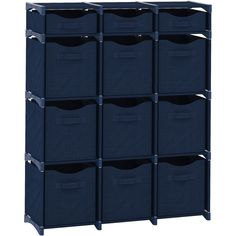 six blue storage bins with handles on each side and two rows of drawers in the middle