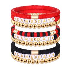 PRICES MAY VARY. Show off your team spirit with this game day bracelets,it features a set of 9 heishi beaded bracelets,adorned with 6mm red and black polymer clay vinyl disc beads and with White & Gold Letter Beads spelling "GAME DAY",Wear these red black team color bracelets with your favorite team game day outfits to complete your game day look in style The red black game day bracelets design adds a pop of energy and flair to your game day ensemble. These colors are synonymous with team spirit Clay Vinyl, Bracelet Preppy, Sports Fan Accessories, Fan Bracelet, Team Bracelets, Color Bracelets, Football Bracelet, Vinyl Disc, Preppy Jewelry