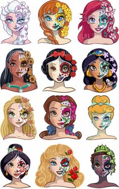 the faces of different women with makeup and flowers on their heads, all painted in different colors