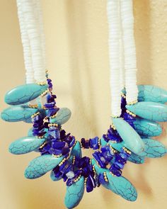 A necklace that makes a statement. Made of turquoise, lapis, shell, and gold accents. 16-18" long, adjustable. A Necklace, Gold Accents, Semiprecious Stones, Precious Stones, Turquoise Bracelet, Turquoise Necklace, Semi Precious, Shells, Product Launch