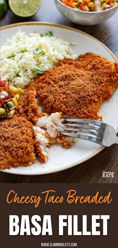 cheese taco breaded basa fillet on a plate with rice and salsa