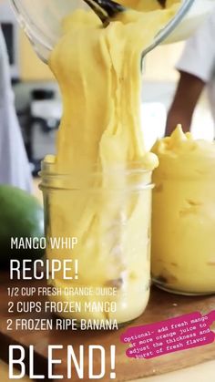 a person pouring orange juice into jars on top of a cutting board with the words mango whip recipe below it